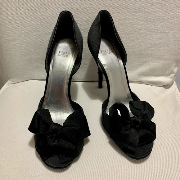 Stuart Weitzman formal black satin peep toe stiletto shoes size 10 - Picture 11 of 14